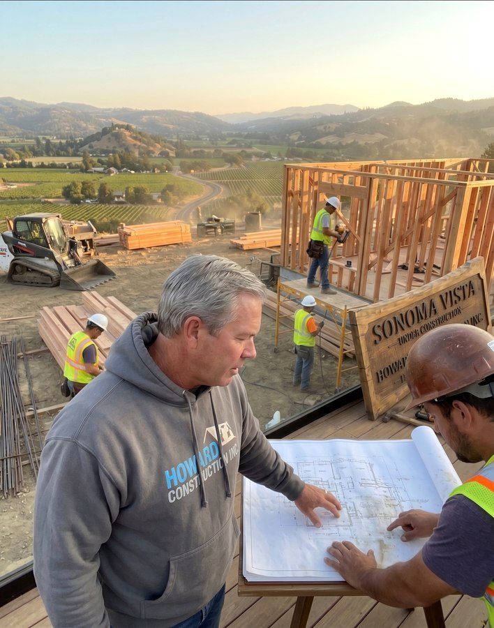 Philip Howard reviewing blueprints with his crew at a Sonoma Vista construction site